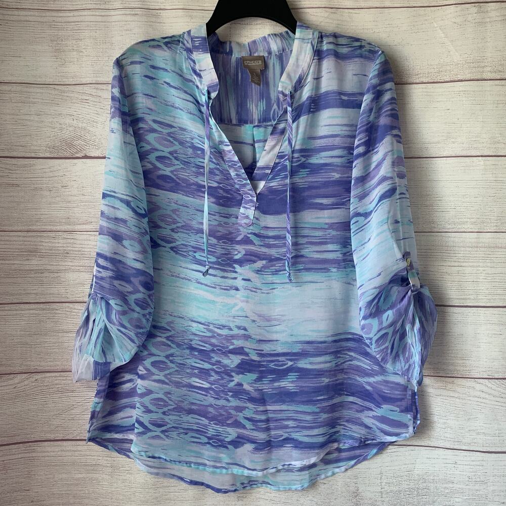 Chico's Blue Purple Sheer Tunic Top Swim Cover Up Roll Tab Sleeves Size 1 or M